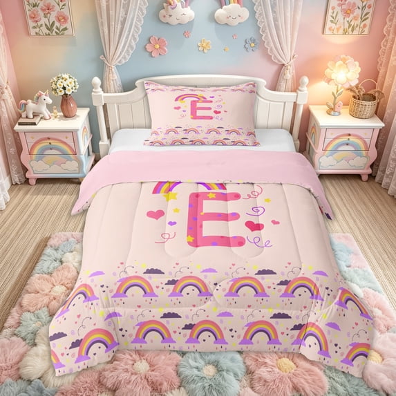 Feelyou Rainbow Letter E Twin Comforter Sets for Girls, Cartoon Lover Heart Bedding Set for Kids, Pink, Pink Reversible, 2pcs
