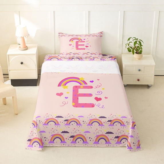 Feelyou Rainbow Letter E Twin Sheet Sets for Girls, Cartoon Lover Heart Bedding for Kids, Pink, 3pcs