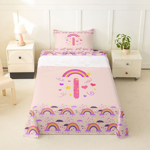Feelyou Rainbow Letter I Twin Sheet Sets for Girls, Cartoon Lover Heart Bedding, Pink, 3-Piece