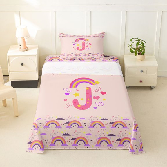 Feelyou Rainbow Letter J Twin Sheet Sets for Kids, Cartoon Lover Heart Bedding for Bedroom, Pink, 3 Pieces