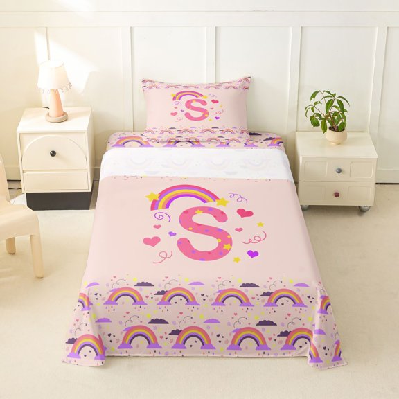 Feelyou Rainbow Letter S Twin Sheet Sets for Girls, Cartoon Lover Heart Bedding, Pink, 3 Pieces