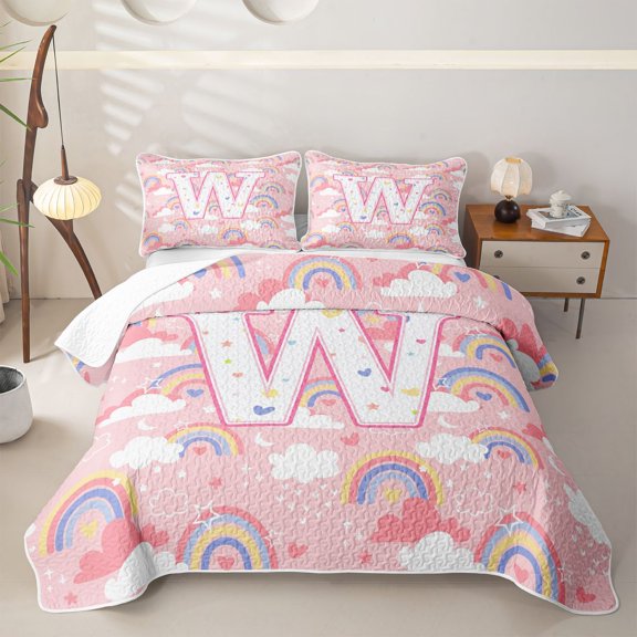 Feelyou Rainbow Letter W Twin Quilt Set for Girls, Cartoon Cloud Twin Coverlet Set for Bedroom, Pink, 2 Pieces