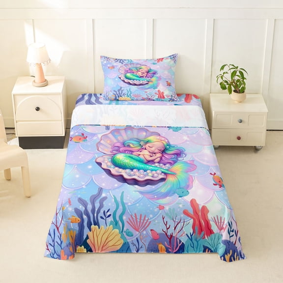 Feelyou Rainbow Mermaid Princess Twin Sheet Sets for Kids Girls, Coral Ocean Fairy Cartoon Bedding, Pink Blue, 3-Piece