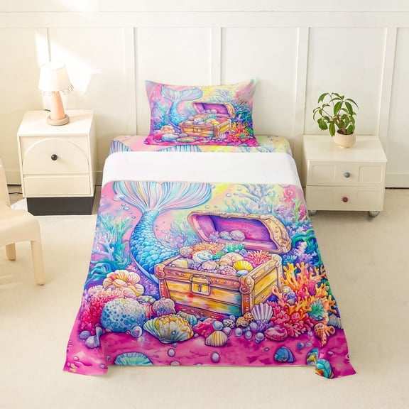 Feelyou Rainbow Mermaid Treasure Twin Sheet Sets for Kids Boys Girls, Ocean Princess Bedding, Pink Blue, 3 Pieces