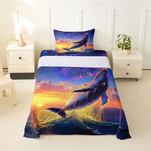 Feelyou Rainbow Music Whale Twin Sheet Sets for Kids, Magic Sunset Sky Sea Animal Bedding, Blue Gold, 3 Pieces