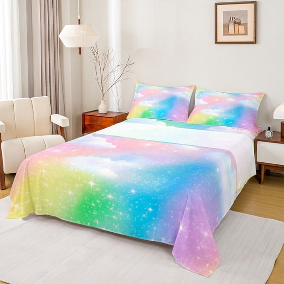 Feelyou Rainbow Stars Sky Queen Sheet Sets, Deamy Princess Style Bed Set, 4-Piece