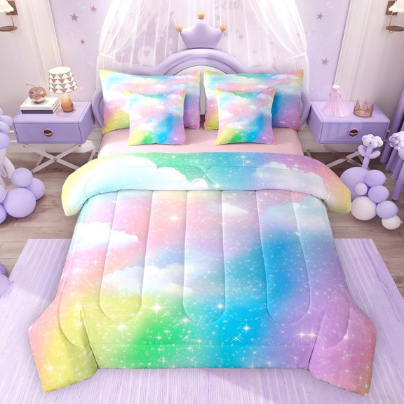 Feelyou Rainbow Stars Sky Twin Bedding Sets 7-Piece, Deamy Princess Bedding Comforter Set