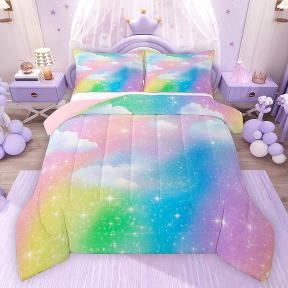 Feelyou Rainbow Stars Sky Twin Comforter Sets, Deamy Princess Bedding Set, 2-Piece