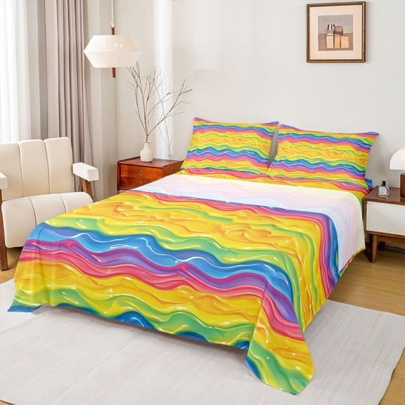 Feelyou Rainbow Stripe Waves Queen Sheet Sets, Colorful Lines Abstract Flat Sheet, Teens Kids Boys Girls Queen Fitted Sheet, Lightweight Room Decor, 4 Pieces