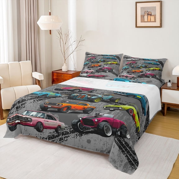 Feelyou Rcing Car Teens Queen Sheet Sets, Extreme Speed Sport Bed Set, 4-Piece