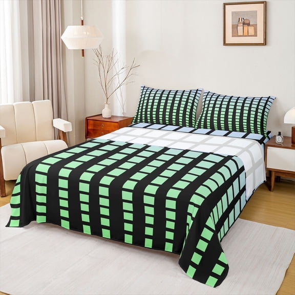 Feelyou Rectangle Abstract Men Bed Sheets, Black Green Checkered King Sheets, Simple Fashion Style Sheet Set, Ultra Soft Bedroom Decor, 4 Pieces