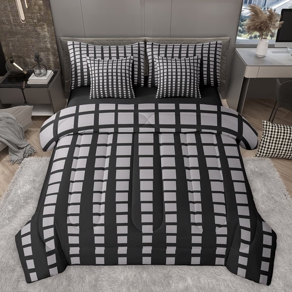 Feelyou Rectangle Abstract Men Bedding Comforter Set 7 Pieces, Black Grey Checkered Full Bedding Set, Simple Fashion Style Reversible Fitted Sheet Flat Sheet, Ultra Soft Bedroom Decor
