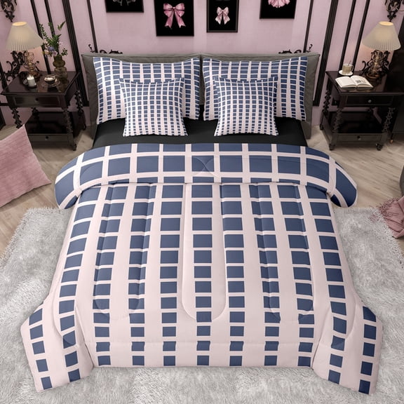 Feelyou Rectangle Abstract Men Bedding Comforter Set 7pcs, Seashell Navy Checkered King Bedding Sets, Simple Fashion Style Reversible Bed Sheets, Luxury Bedroom Decor