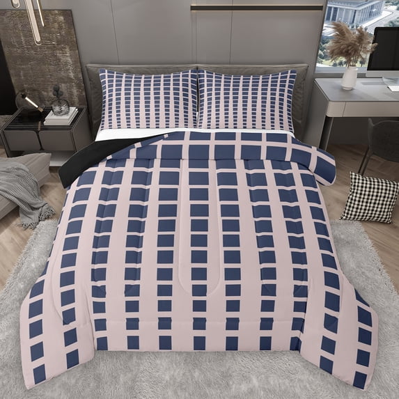 Feelyou Rectangle Abstract Men Queen Comforter Set, Seashell Navy Checkered Bedding Sets, Simple Fashion Style Reversible Bedding Comforter Set, Luxury Bedroom Decor, 3 Pieces