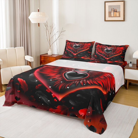 Feelyou Red Angel Wing Full Size Sheets, Happy Anniversary Bed Sheets, 4-Piece