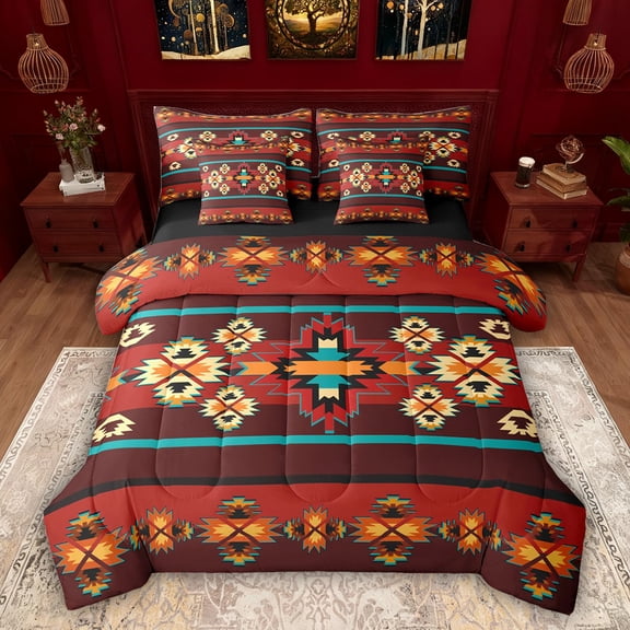 Feelyou Red Aztec Bedding Comforter Set 7pcs, Hippie Southwestern Queen Bedding Sets