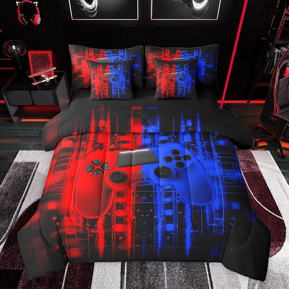 Feelyou Red Blue Gamepad Bedding Comforter Set 7 Pieces for Boy, Cartoon Game Console Full Bedding Set, Futuristic Stripes Lines Reversible Fitted Sheet Flat Sheet, Breathable Home Decor