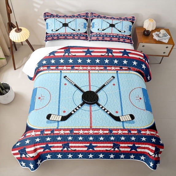 Feelyou Red Blue Patriotic Hockey Bed Spread Queen for Boys, USA Flag Ice Rink Queen Coverlet Set, 3pcs