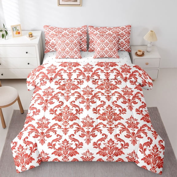 Feelyou Red Boho Damask Comforter Set 7pcs, Retro Western Fashion Queen Bedding Sets