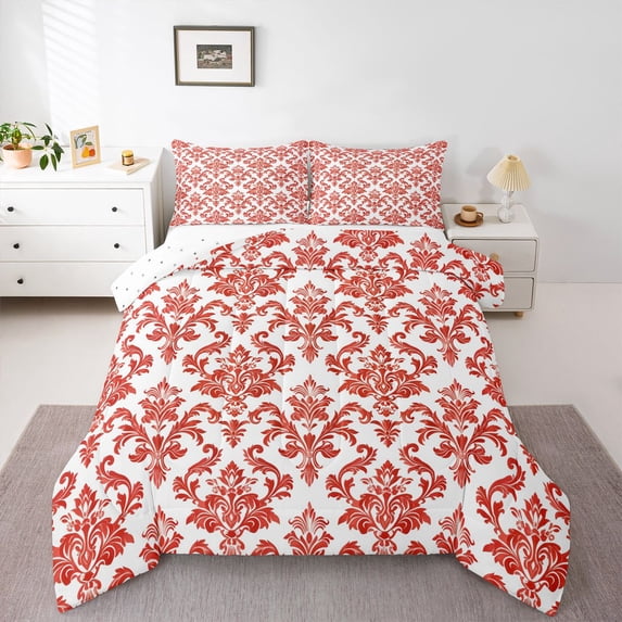Feelyou Red Boho Damask Full Size Comforter Sets, Retro Western Fashion Bedding Sets, 3pcs