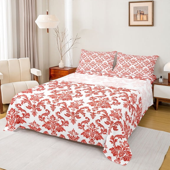 Feelyou Red Boho Damask Twin Sheet Sets, Retro Western Fashion Bedding, 3-Piece