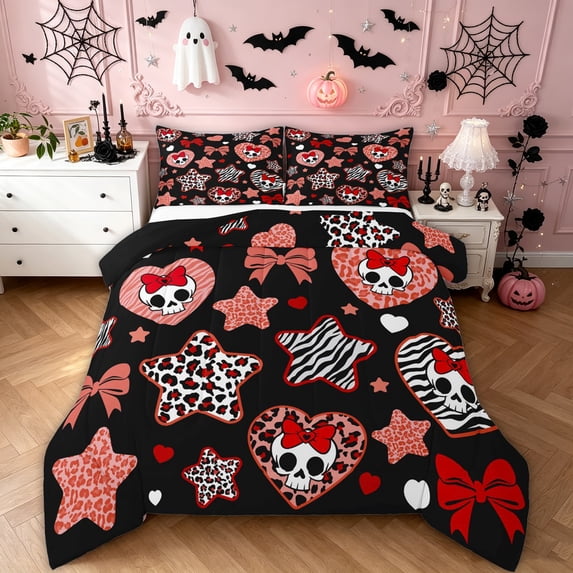Feelyou Red Bow Skull Full Size Comforter Sets, Leopard Zebra Print Star Bedding Comforter Set, Black Reversible, 3 Pieces, 1 Comforter and 2 Pillowcases