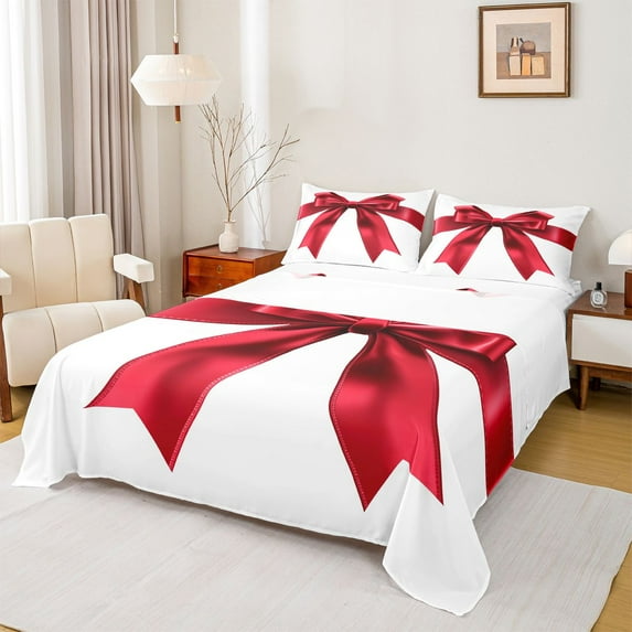 Feelyou Red Bowknot Ribbon Bed Sheets, Cartoon Princess Style King Sheets, 4pcs