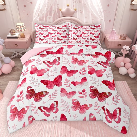 Feelyou Red Butterlfy Full Size Comforter Sets, Princess Fairy Elf Bedding Sets, 3pcs