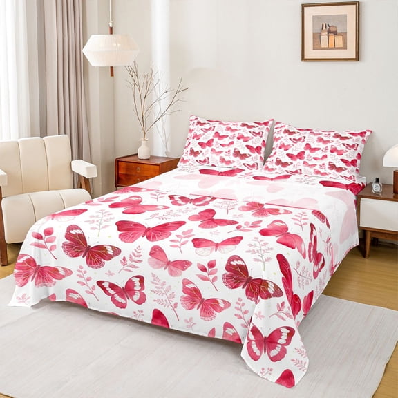 Feelyou Red Butterlfy Queen Sheet Sets, Princess Fairy Elf Bed Set, 4-Piece