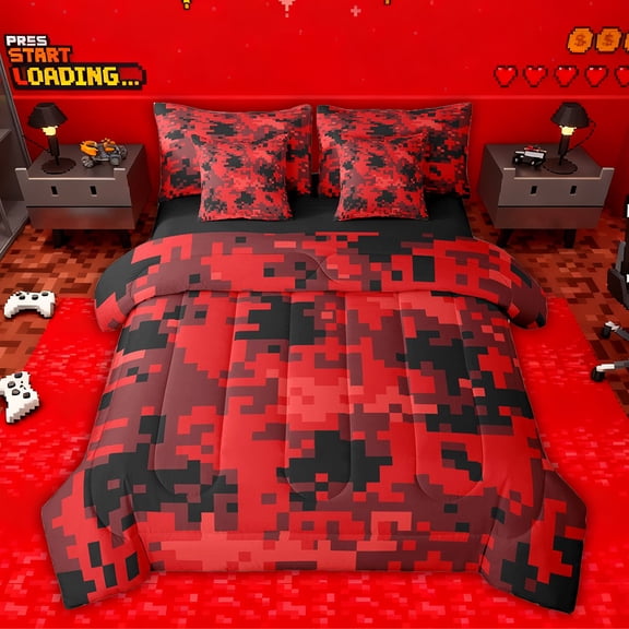 Feelyou Red Camo Abstract Bedding Comforter Set 7pcs, Pixel Grid Miners King Bedding Sets