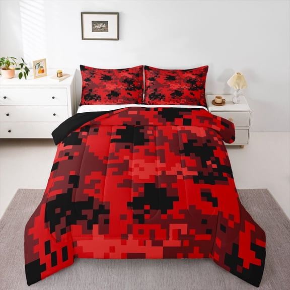 Feelyou Red Camo Abstract Full Size Comforter Sets, Pixel Grid Miners Bedding Sets, 3pcs