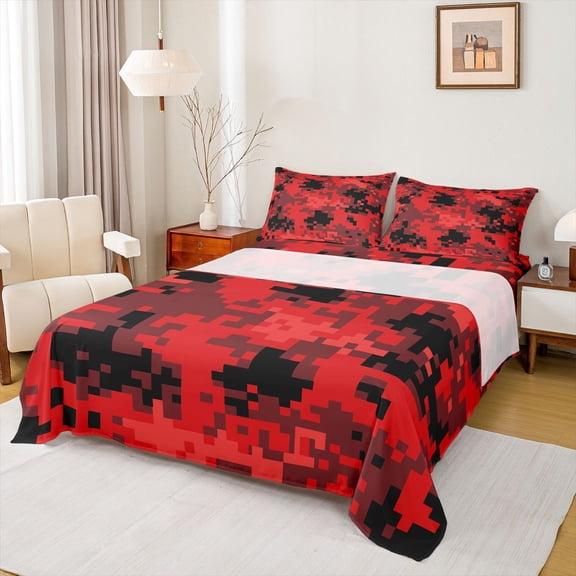 Feelyou Red Camo Abstract Twin Sheet Sets, Pixel Grid Miners Teens Bedding, 3 Pieces