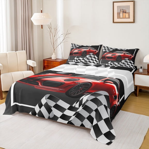 Feelyou Red Cartoon Car Bed Sheets, Sports Car King Sheets, Checkered Geometric Sheet Set, Super Cozy Room Decor, 4pcs