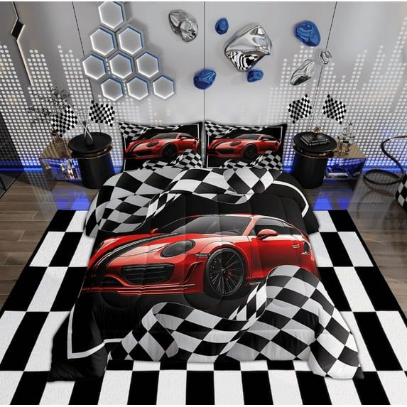 Feelyou Red Cartoon Car Bedding Comforter Set, Sports Car Twin Comforter Sets, Checkered Geometric Bedding Set, Super Cozy Room Decor, 2pcs