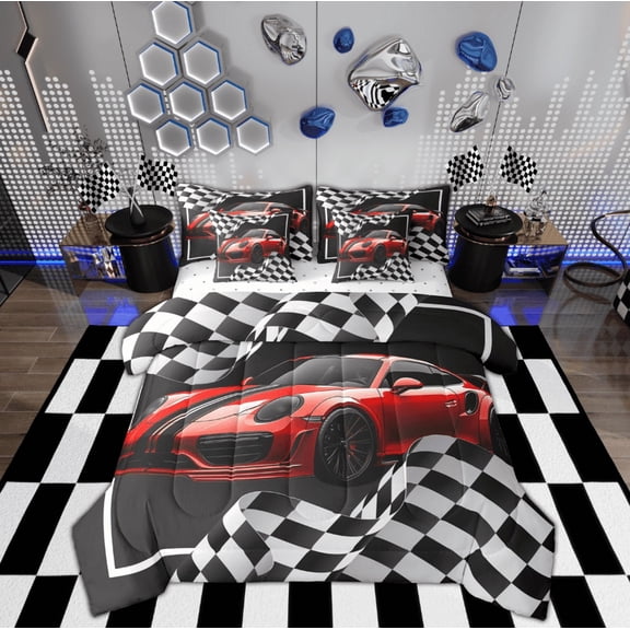 Feelyou Red Cartoon Car Twin Bedding Sets 7-Piece, Sports Car Bedding Comforter Set, Checkered Geometric Sheet Sets, Super Cozy Room Decor