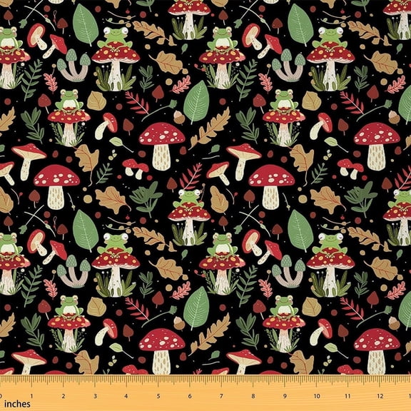 Feelyou Red Cartoon Mushroom Fabric by the Yard 1 Yard for Kid, Kawaii Frog Prince Home Decor Fabric by the Yard, Jungle Animal Sewing Fabric, Super Cozy Room Decor