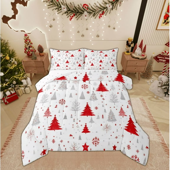 Feelyou Red Christmas Tree 01, Winter Snowflake Twin Comforter Sets, Cartoon Xmas Theme Reversible Bedding Set, Luxury Bedroom Decor, 2pcs