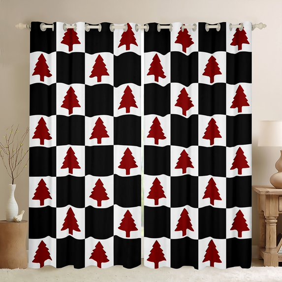 Feelyou Red Christmas Tree Black Out Curtains, Square Plaid Buffalo Curtains Pack of 2 (42x63 Each), Teens Boys Girls Kids Bedroom Curtains, Blackout Curtains Home Decor