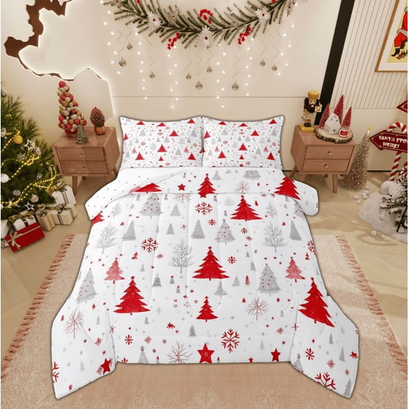 Feelyou Red Christmas Tree Queen Comforter Set, Winter Snowflake Bedding Sets, Cartoon Xmas Theme Reversible Bedding Comforter Set, Luxury Bedroom Decor, 3pcs