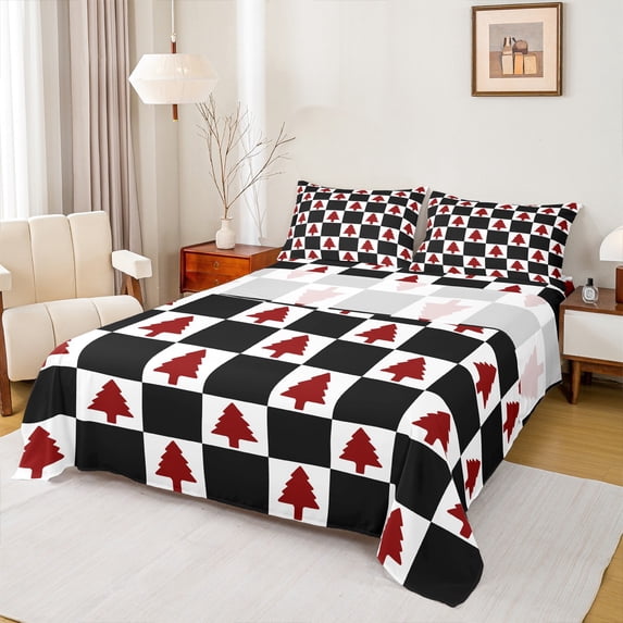 Feelyou Red Christmas Tree Queen Sheet Sets, Square Plaid Buffalo Flat Sheet, Teens Boys Girls Kids Queen Fitted Sheet, Ultra Soft Home Decor, 4pcs