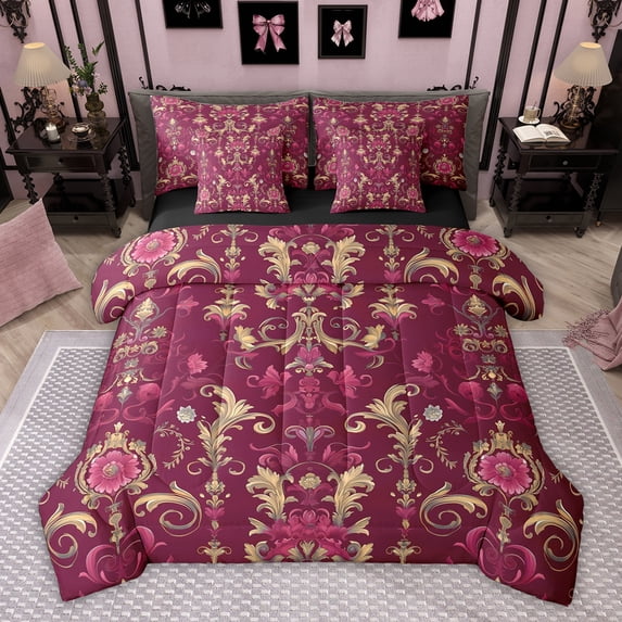Feelyou Red Damask Women Bedding Comforter Set 7pcs, Boho Groovy Daisy Flower King Bedding Sets, Vintage Western Mandala Reversible Bed Sheets, Super Cozy Room Decor