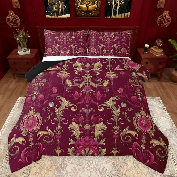 Feelyou Red Damask Women Queen Comforter Set, Boho Groovy Daisy Flower Bedding Sets, Vintage Western Mandala Reversible Bedding Comforter Set, Super Cozy Room Decor, 3pcs