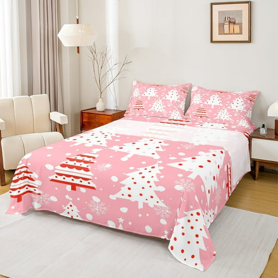 Feelyou Red Dots Christmas Tree Bed Sheets, Princess Pink Cartoon King Sheets, Happy New Year Sheet Set, Super Cozy Room Decor, 4-Piece