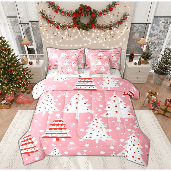 Feelyou Red Dots Christmas Tree Bedding Comforter Set 7-Piece, Princess Pink Cartoon King Bedding Sets, Happy New Year Reversible Bed Sheets, Super Cozy Room Decor