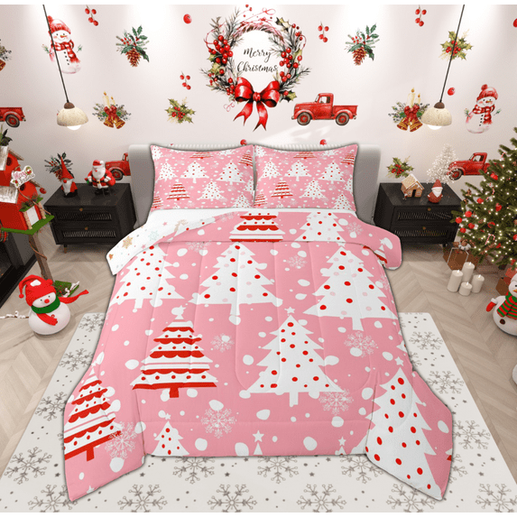 Feelyou Red Dots Christmas Tree Bedding Comforter Set, Princess Pink Cartoon Twin Comforter Sets, Happy New Year Reversible Bedding Set, Super Cozy Room Decor, 2-Piece