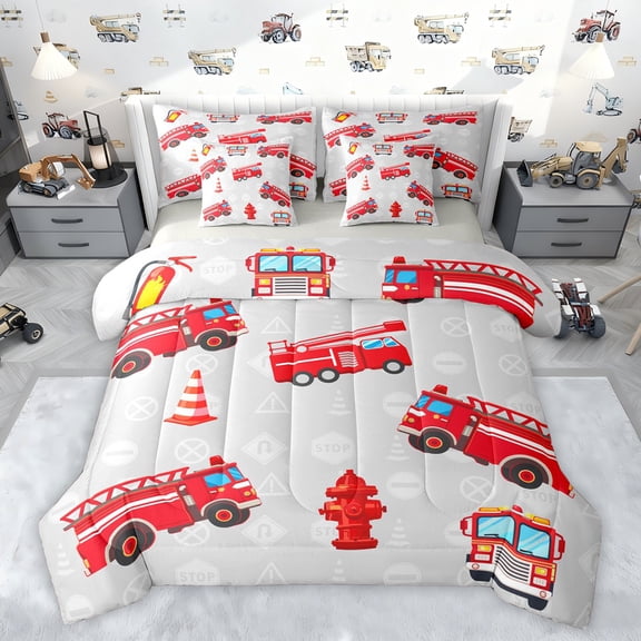 Feelyou Red Fire Fighter Bedding Comforter Set 7pcs for Teen, Cartoon Truck Car Queen Bedding Sets, Vehicle Theme Reversible Queen Sheet Sets, Lightweight Room Decor