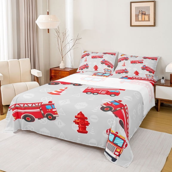 Feelyou Red Fire Fighter Twin Sheet Sets for Teen, Cartoon Truck Car Twin Fitted Sheet, Vehicle Theme Flat Sheet, Lightweight Room Decor, 3 Pieces