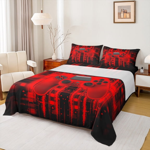 Feelyou Red Gamepad Boy Bed Sheets, Fashion Game Console King Sheets, Futuristic Stripes Lines Sheet Set, Breathable Home Decor, 4-Piece