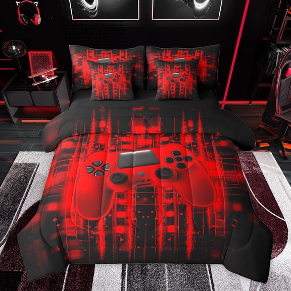Feelyou Red Gamepad Boy Bedding Comforter Set 7pcs, Fashion Game Console King Bedding Sets, Futuristic Stripes Lines Reversible Bed Sheets, Breathable Home Decor