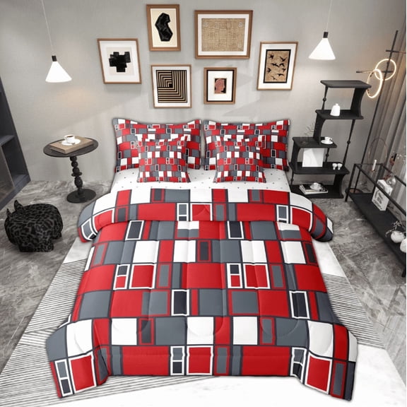 Feelyou Red Geometric Twin Bedding Sets 7-Piece for Adult, Abstract Ombre Bedding Comforter Set, Fashion Rectangle Reversible Sheet Sets, Lightweight Room Decor